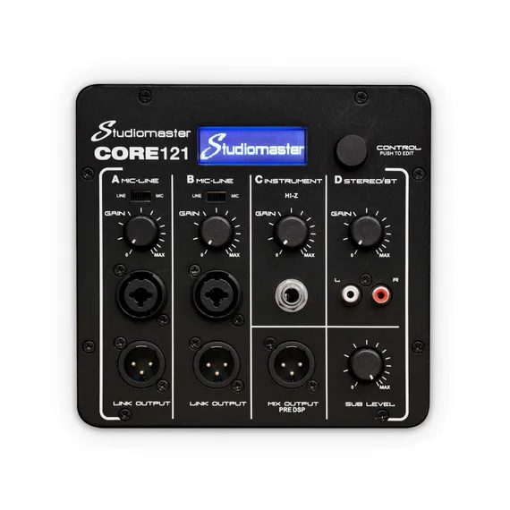 Studiomaster CORE 121 Активный мобильный акустический комплект с интегрированным микшером Вертикальный массив: СЧ: 3х 5” Neodymium full range driver ВЧ: 9х 1” dome tweeter