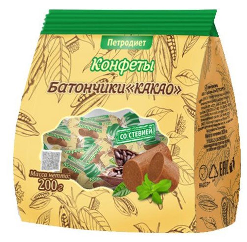 Конфеты Петродиет неглазированные пралине Батончики на фруктозе со Стевией КАКАО 200гр
