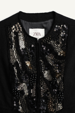 ZARA ЖАКЕТ ИЗ 100% ШЕРСТИ С БУСИНКАМИ - LIMITED EDITION, ЧЕРНЫЙ