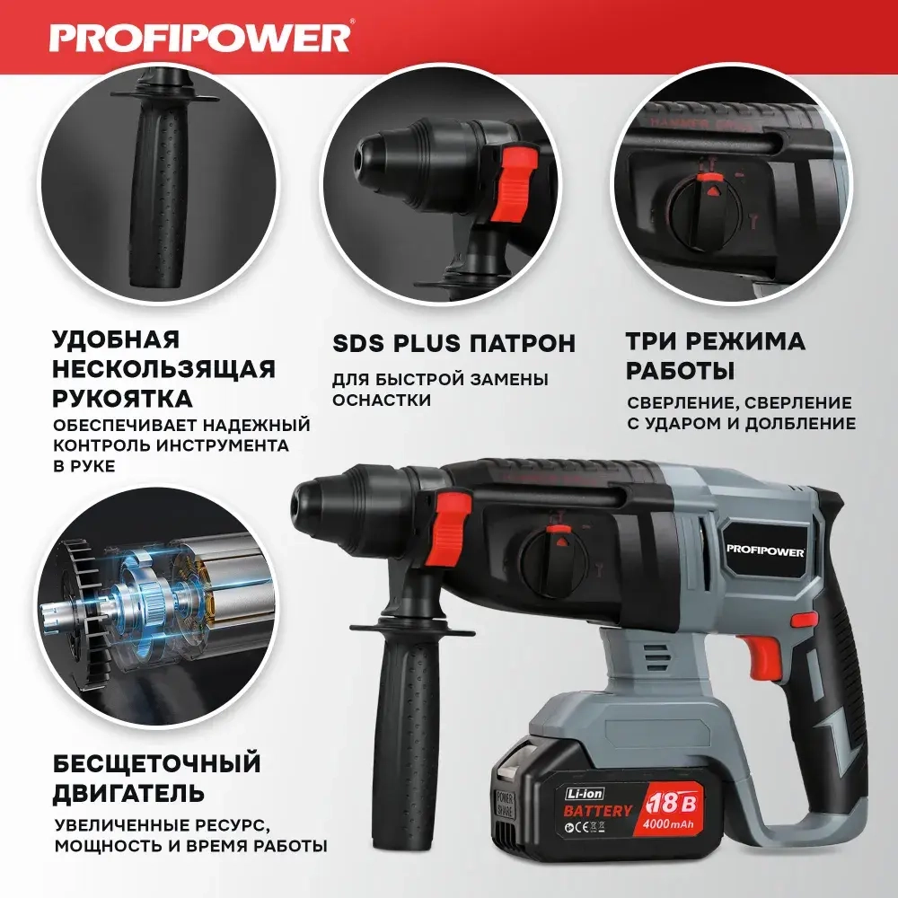 Перфоратор беcщеточ. аккум ProfiPower MKDHR-18V