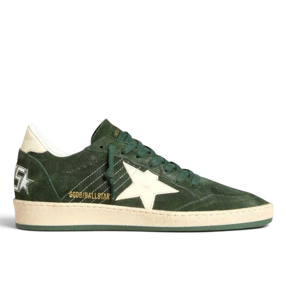 Women's Golden Goose Ball Star Green suede with White leather star and White heel tab