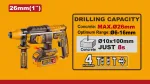 Аккумуляторный перфоратор BL INGCO CRHLI262085, максимальные и оптимальные размеры оснастки