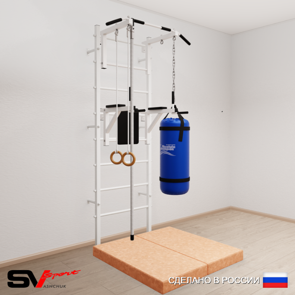 Шведская стенка Sv Sport усиленная 6745 (Турник стандарт/Брусья/Канат/Кольца/Цепь/Мешок 15кг/Мат 1м)