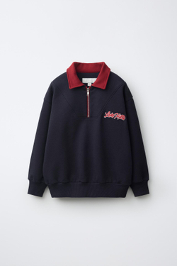 ZARA ТОЛСТОВКА ПОЛО С ВЫШИТЫМ ТЕКСТОМ, МОРСКОЙ СИНИЙ