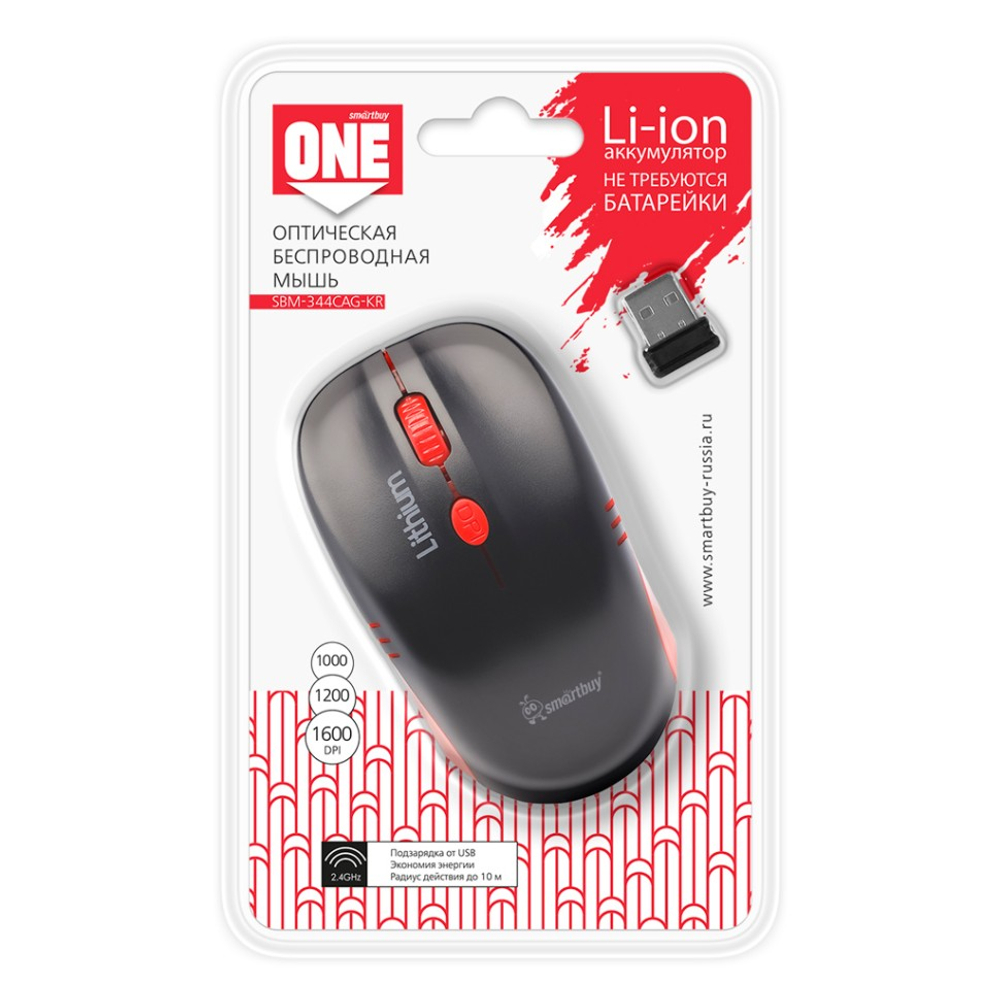 Мышь беспроводная с зарядкой от USB Smartbuy ONE 344CAG (SBM-344CAG-KR) черно-красная