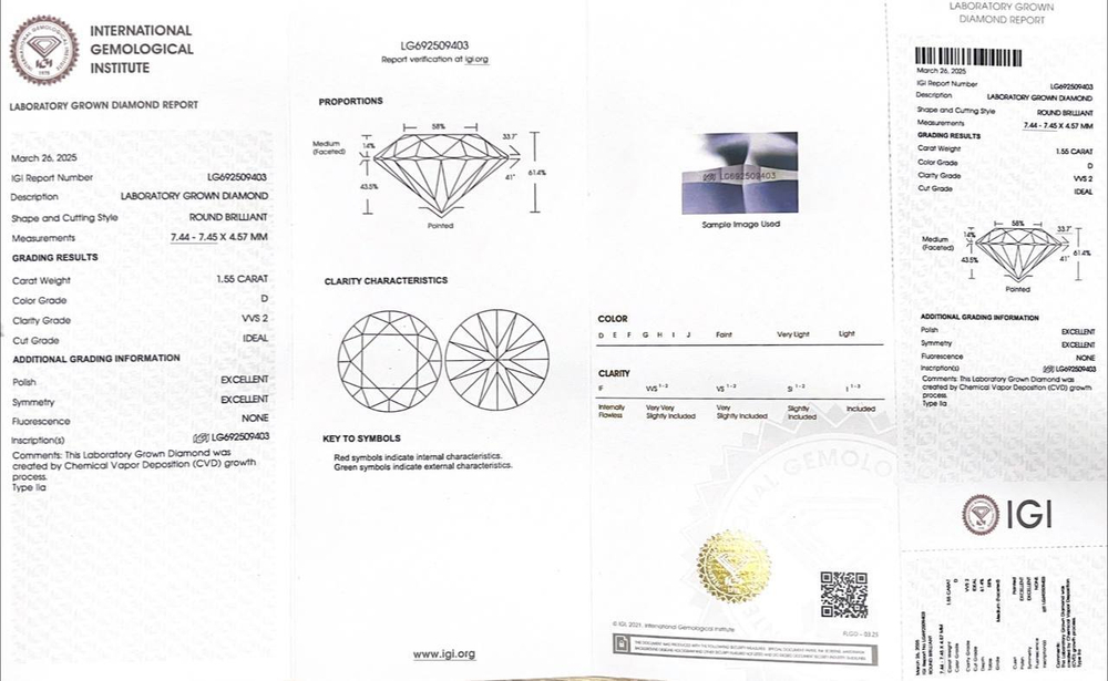 Лабораторно-выращенный бриллиант Кр-57 7.44 х 7.49 мм 1.55 ct, 7.44 х 7.49 мм 1.55 ct D/VVS2 (пара)