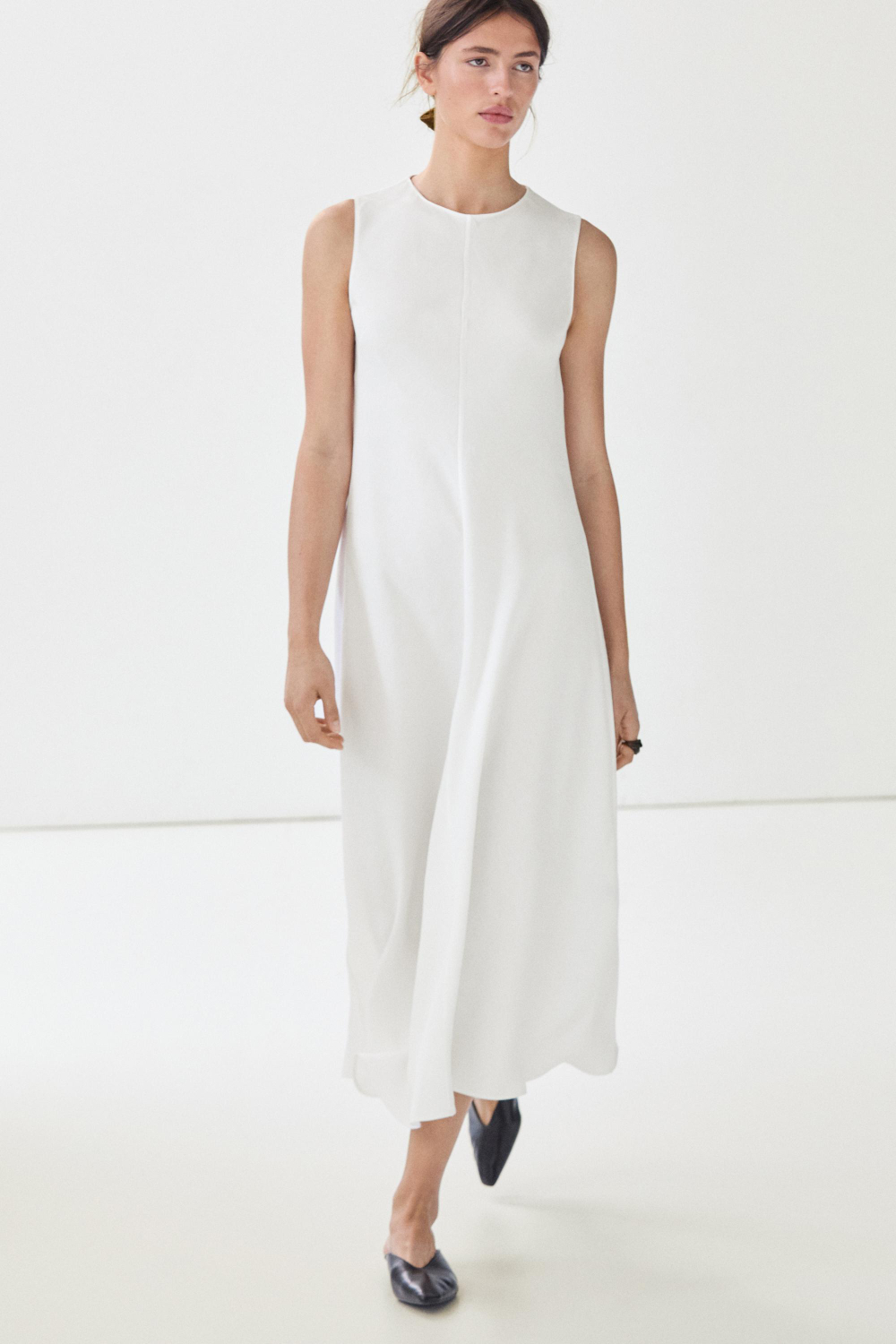 Massimo Dutti Струящееся платье миди из льна, белый