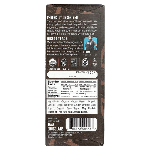 Taza Chocolate, 95% темный шоколад, шоколад, имбирь, 70 г (2,5 унции)