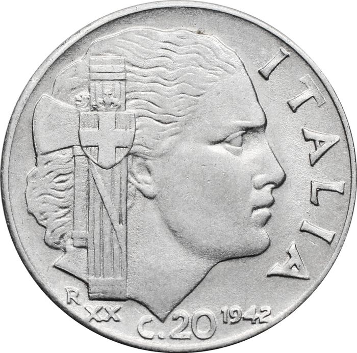 20 чентезимо 1942 Италия (ребристый гурт, магнитная)