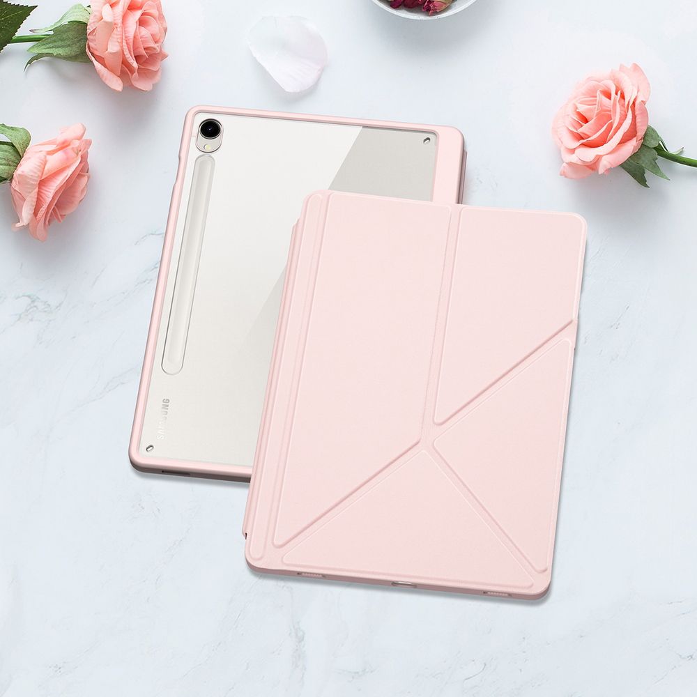 Чехол книжка розового цвета от Dux Ducis для Samsung Galaxy Tab S9, Tab S9 FE и Tab S10 FE, серия Magi Series Case, с держателем Pencil и функцией автоматического перехода в спящий режим