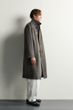 ZARA ПАЛЬТО RELAXED FIT С ВЫСОКИМ ВОРОТНИКОМ, СЕРО-КОРИЧНЕВЫЙ