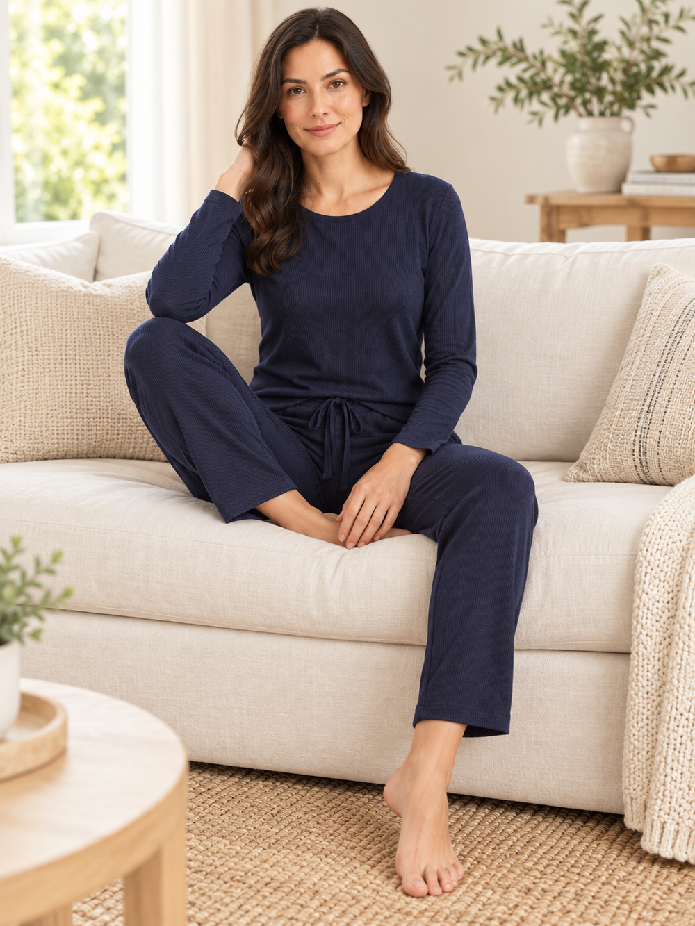 Женская пижама-комплект RUBINA Secret Homewear: верх и брюки, тёмно-синяя однотонная