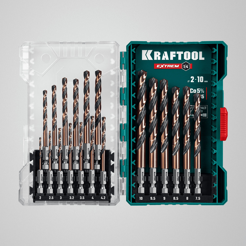 KRAFTOOL НЕХ-1/4″, 19 шт, набор сверл по металлу для винтовёртов и шуруповертов IMPACT READY (29652-H19)