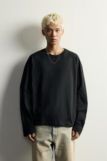 ZARA ФУТБОЛКА В ПОЛОСКУ ОВЕРСАЙЗ С ДЛИННЫМИ РУКАВАМИ, ЧЕРНЫЙ