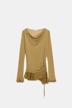 ZARA АCИММЕТРИЧНЫЙ ТОП СО СБОРКОЙ И ВОЛАНОМ, КАРАМЕЛЬНЫЙ