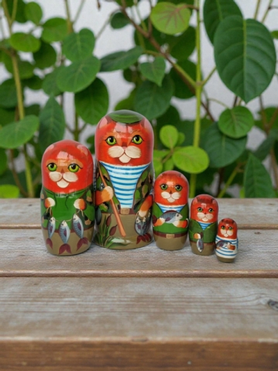 Матрешка "Котик Рыбак Рыжик" 5 мест