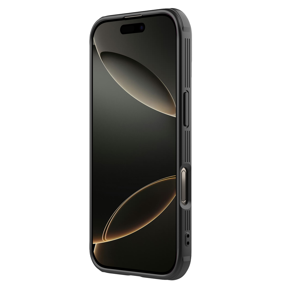 Чехол прозрачный тонированный (Transparent Black) от Nillkin с металлической откидной крышкой для камеры на iPhone 16 Pro, серия CamShield Prop Case