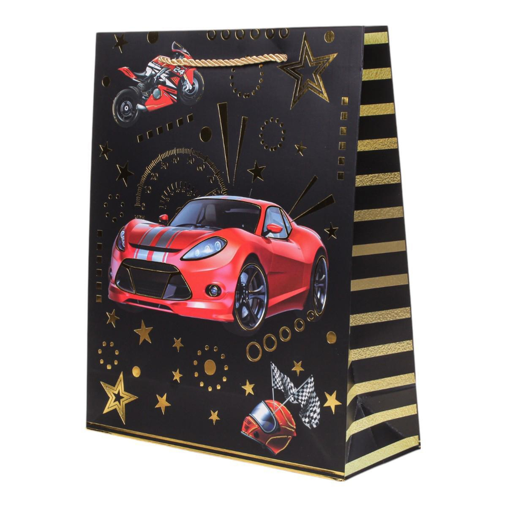 Пакет подарочный "Supercars"26*32*10см, тисн.золот, ручки-шнурок,4 диз.микс