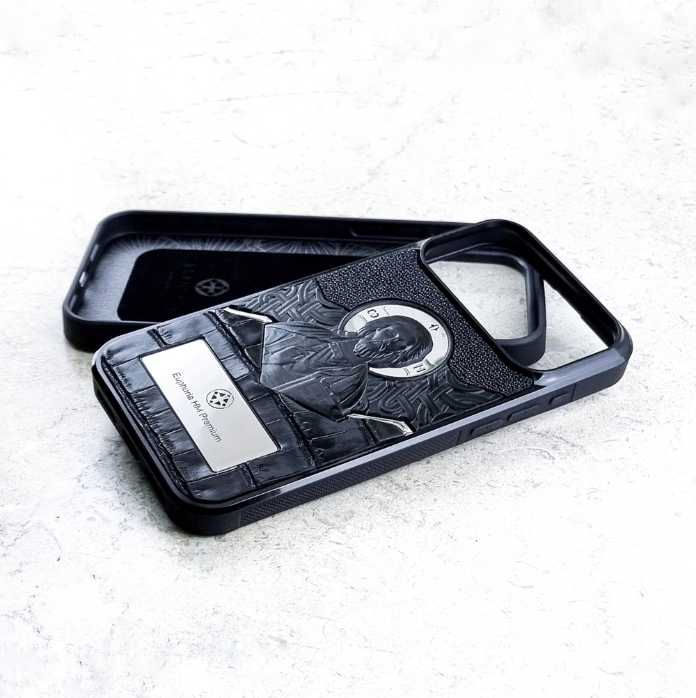 Чехол Euphoria HM Pantocrator Lux для iPhone 18 Pro Max разобран — задняя крышка с иконой Пантократора из кожи ската и CROC, силиконовая рамка, мягкая подложка
