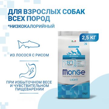 Monge Dog Light корм для собак всех пород низкокалорийный Лосось с рисом (2,5)