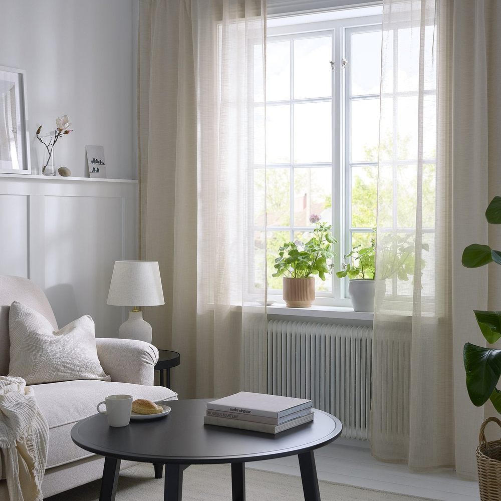 IKEA HÄLLEBRÄCKA  (ИКЕА ХЭЛЛЕБРЭКА)  -  Гардины прозрачные, 2 шт. - светло-бежевый/на шторной ленте 145х300 см