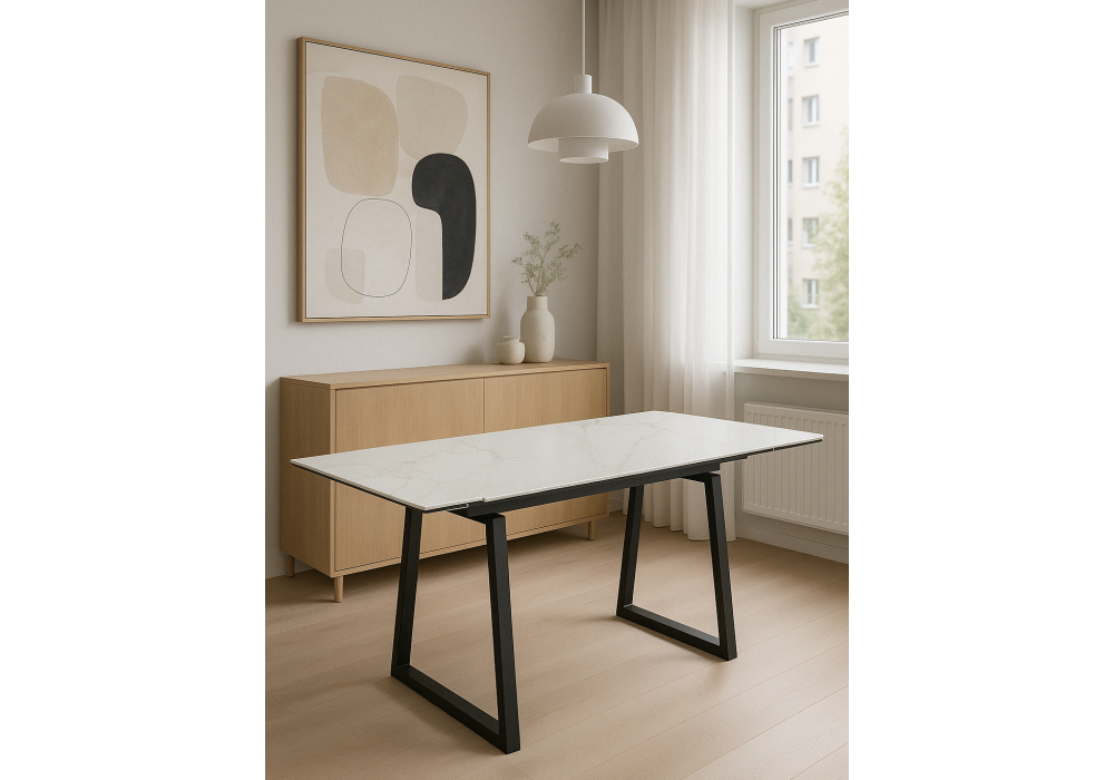 Керамический стол Woodville Джек 140(200)х80 белый мрамор alpin white, черный, ножки черные