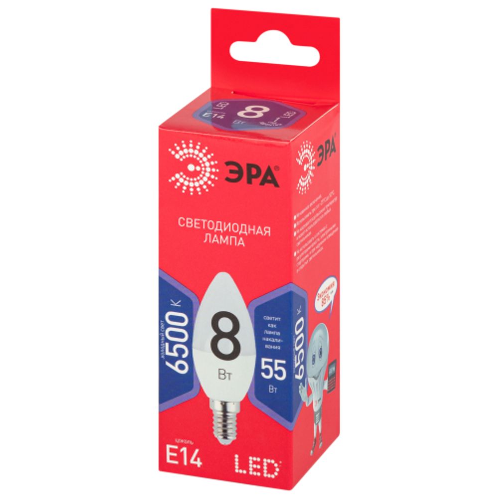 Лампа светодиодная ЭРА RED LINE LED B35-8W-865-E14 R 8Вт свеча холодный дневной свет Е14 | Лампы cветодиодные Свеча (B/C)