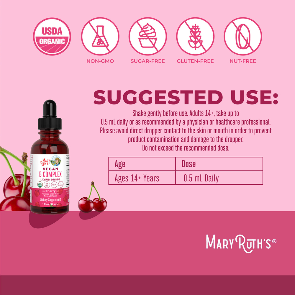 MaryRuth's, Веганский комплекс витаминов группы B, капли, вишня, 30 мл (1 жидк. унция)