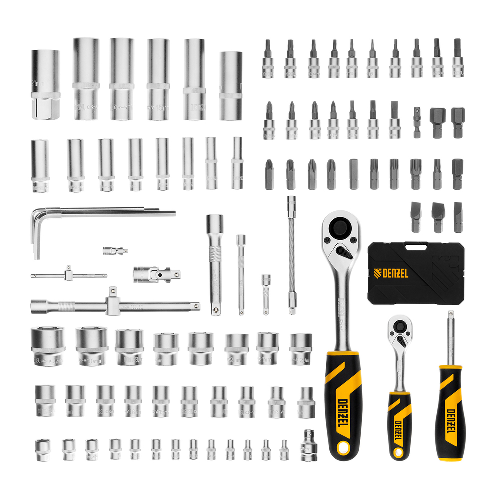 Набор инструментов, 1/2", 1/4", CrV, S2, пластиковый кейс, 94 предмета Denzel