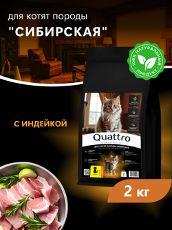 Корм сухой для котят породы Сибирская, с индейкой, 2кг, QUATTRO