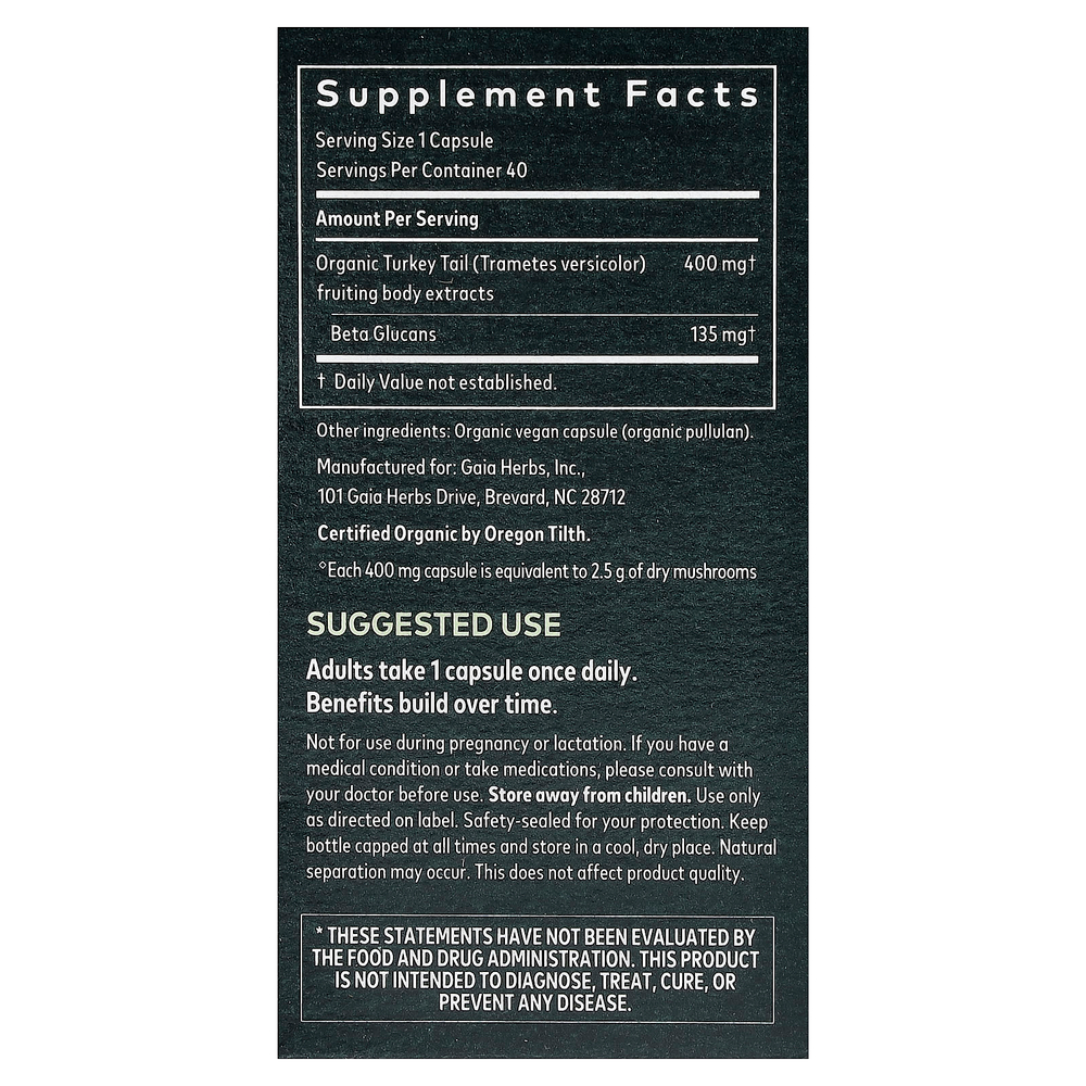 Gaia Herbs, гриб трутовик разноцветный, 40 веганских капсул (400 мг в 1 капсуле)