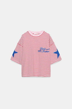 ZARA ФУТБОЛКА ОВЕРСАЙЗ В ПОЛОСКУ С НАДПИСЬЮ, РОЗОВЫЙ