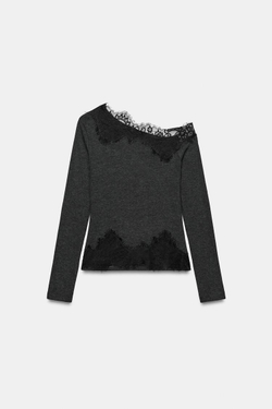 ZARA АСИММЕТРИЧНЫЙ ТОП С КРУЖЕВОМ, ТЕМНО-СЕРЫЙ
