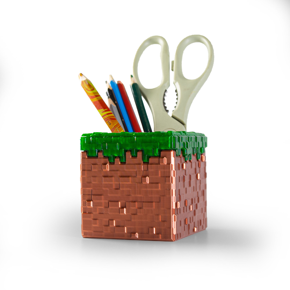 Подставка для карандашей "Minecraft" Майнкрафт в виде травяного блока, 3D печать, 8х7.5х7.5см, медно-зеленый