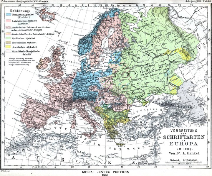 Карта письменностей Европы 1901 года: фрактура и антиква показаны как два разных алфавита