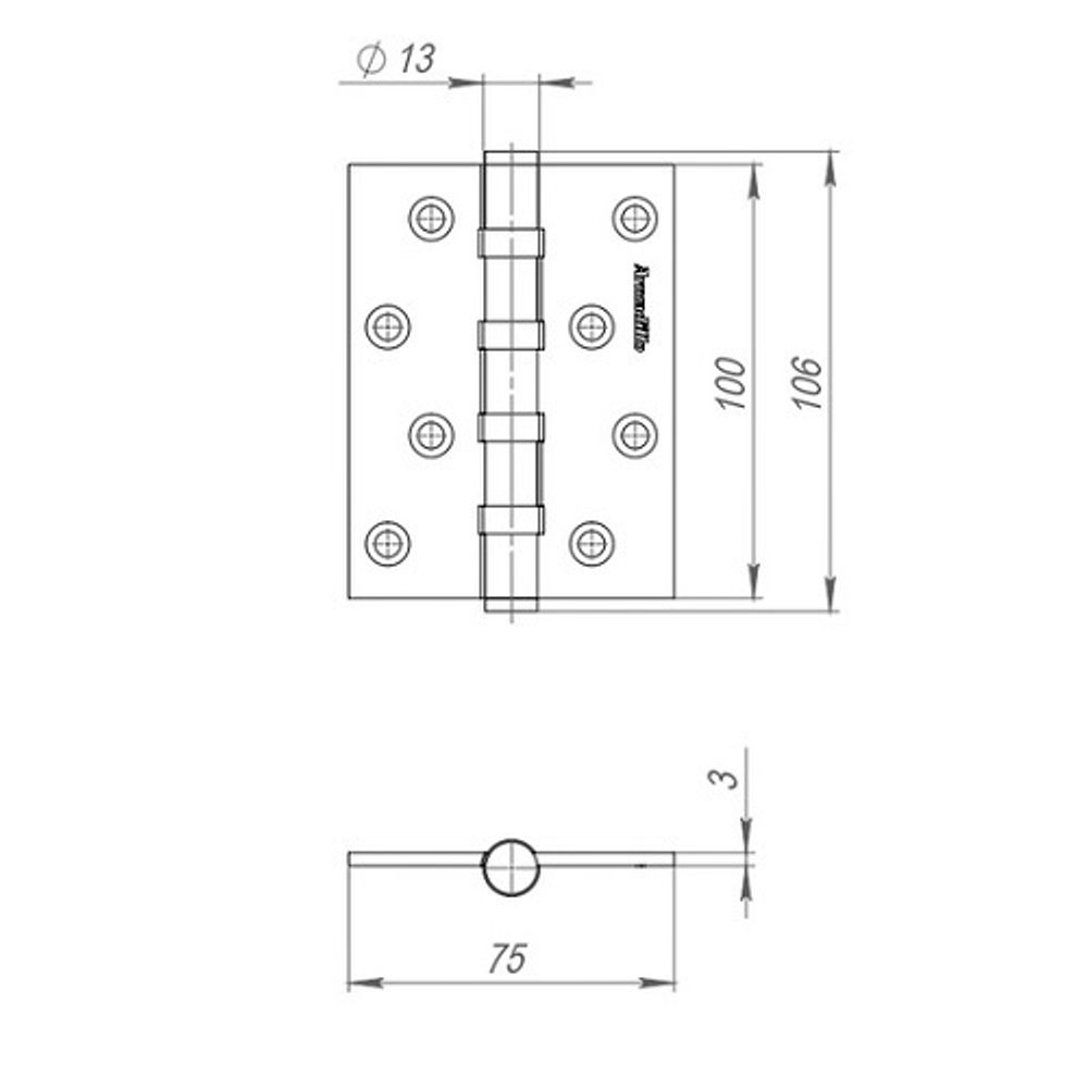 Петля универсальная ARMADILLO IN4500UC-BL 100x75x3 INOX304 эскиз