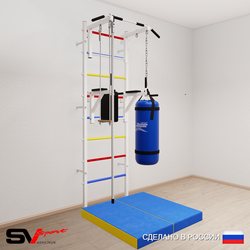 Шведская стенка Sv Sport усиленная 6765 (Турник стандарт/Брусья/Канат/Трапеция/Цепь/Мешок 15кг/Мат 1м)