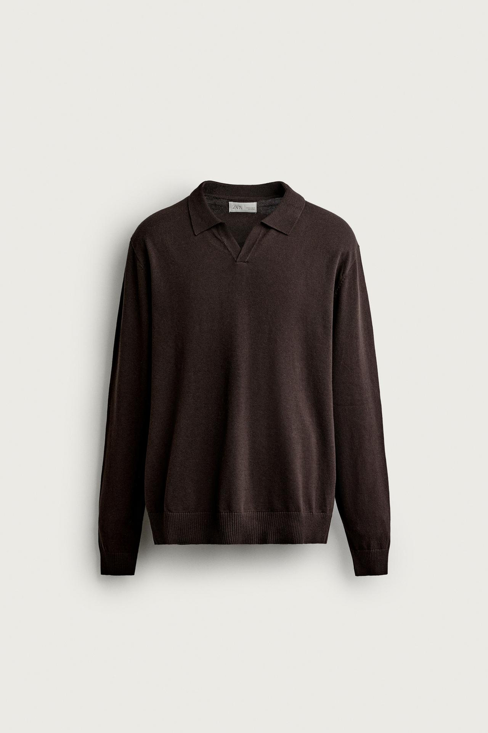 ZARA ТРИКОТАЖНОЕ ПОЛО ИЗ ХЛОПКА И ЛЬНА, КОРИЧНЕВЫЙ