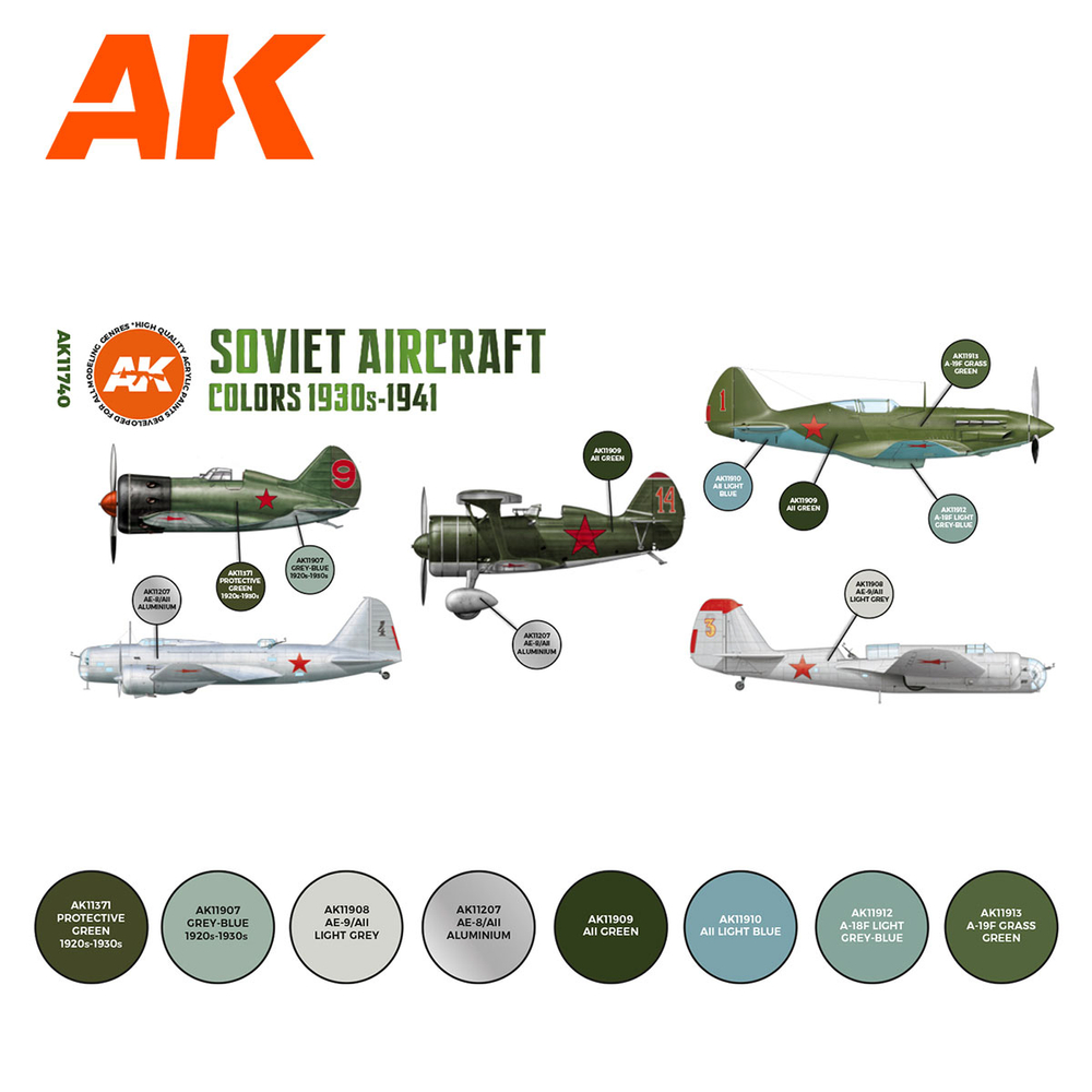 Набор красок AK interactive Soviet Aircraft Colors 1930s-1941 Set 3G, 8 красок