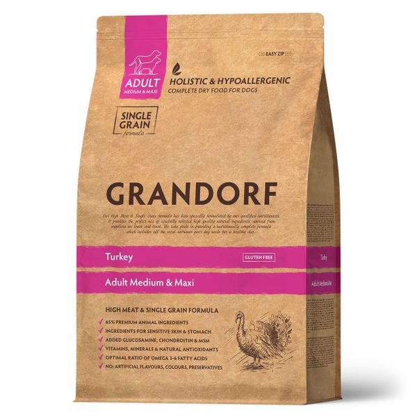 Сухой корм Grandorf DOG Turkey MED&MAXI для взрослых собак средних и крупных пород, индейка