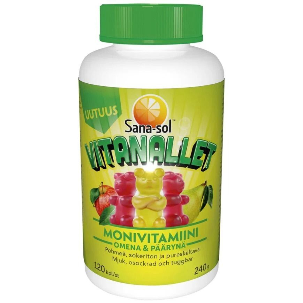 Мультивитамины Sana-Sol Vitanallet Monivitamiini со вкусом яблока и груши, в форме мишек, 120 шт., 240 г (из Финляндии)