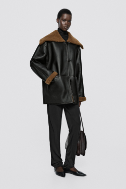 Massimo Dutti Кожаная куртка-дубленка с меховой отделкой - Limited Edition, коричневый