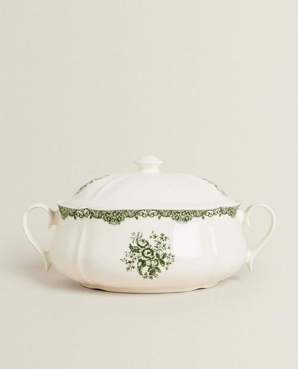 ZARA HOME СЕРВИРОВОЧНАЯ СУПНИЦА ИЗ ФАЯНСА С ЦВЕТОЧНЫМ УЗОРОМ, ОЛИВКОВЫЙ