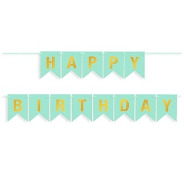 Гирлянда Флажки, Happy Birthday, Тиффани/Золото, Металлик, 500 см, 16*12 см.