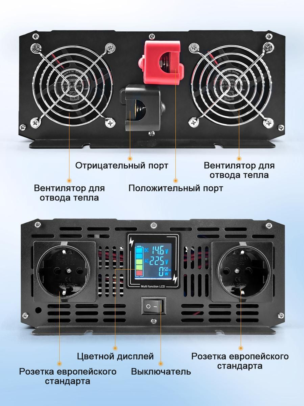 Инвертор 12V-220V 8000W черный RDDSPON чистый синус