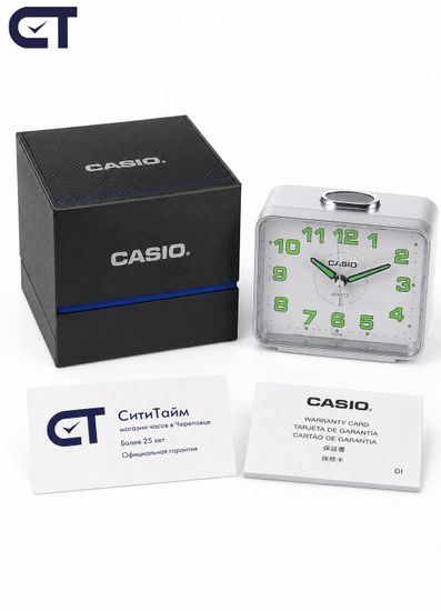Casio TQ-218-8D будильник настольный аналоговый — серый корпус, крупные цифры и повтор сигнала