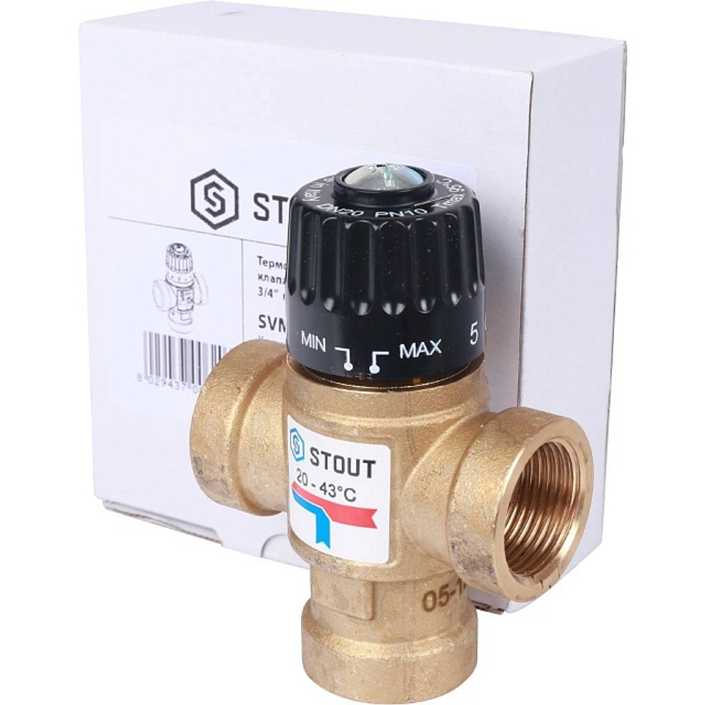 Клапан термостатический смесительный STOUT - 3/4" (ВР, 20-43°C, Kvs 1.6, L-образное смешивание)