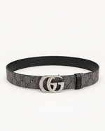 Ремень Gucci Double G из канвы GG 3,5 см — серый / чёрный