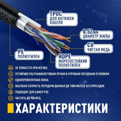Кабель NEOMAX [NM20041] F/UTP cat.5e 4 пары (305 м) 0.52 мм (24 AWG) Медь, внешний, стальной трос 2.0мм, PE, черный; Fluke Tested