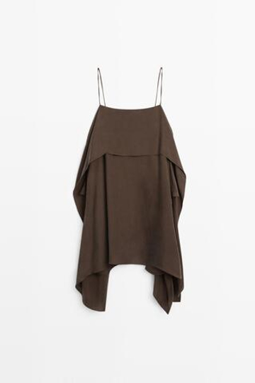 Massimo Dutti Мини-платье на бретелях с оборками, коричневый
